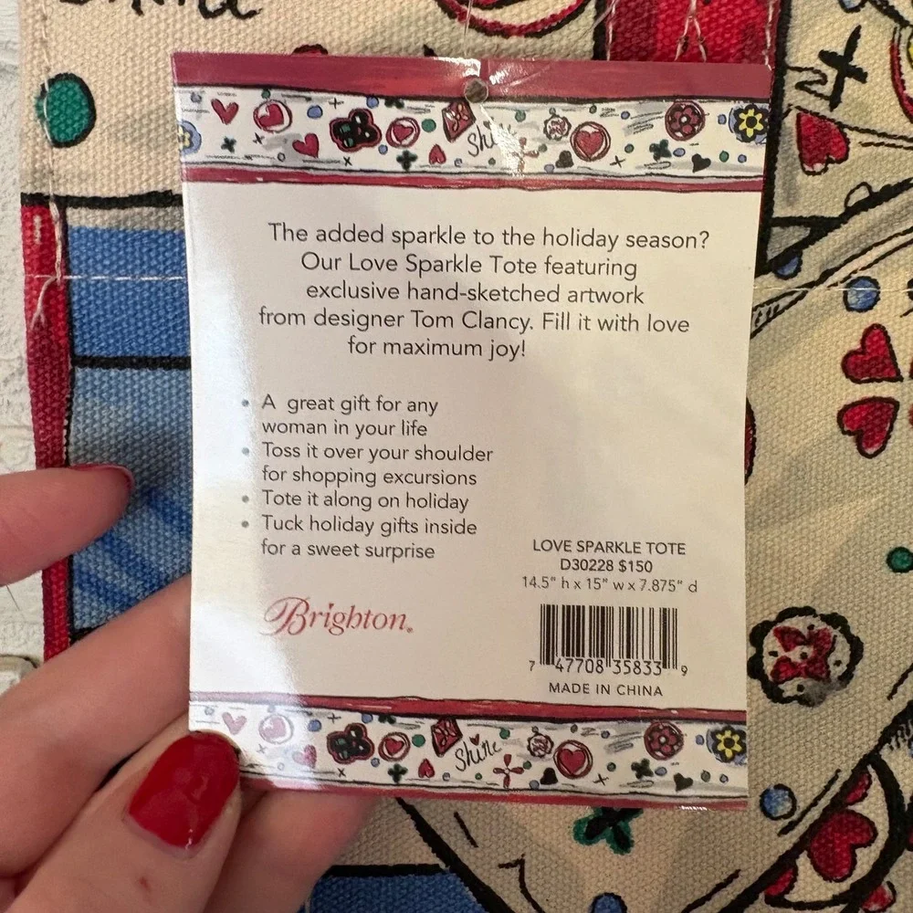 NWT‎ Brighton Sparkle Love Canvas Tote Bow Cherry Cat Print New MSRP $150